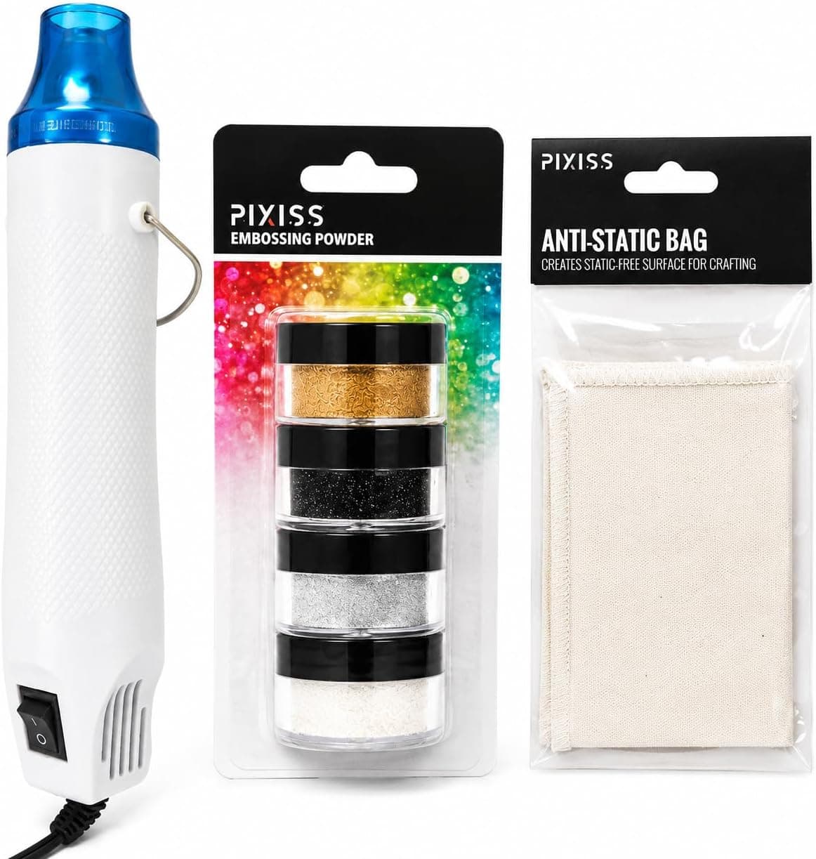 Pixiss Heat Tool Embossing Heat Gun for Crafts, Embossing Arts, Candles, Shrink Wrap, 4 Embossing Powders, Anti-Static Embossing Pad
