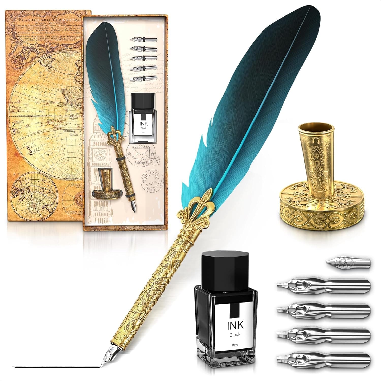 Vintage Feather Quill Pen and Ink Set - Elegant Blue Feather Calligraphy Kit with Stainless Steel Nib for Beginners
