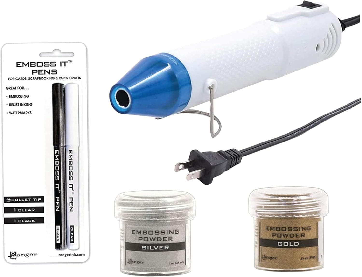 Embossing Heat Tool Kit - Complete Embossing Kit with 1 Embossing Heat Gun, 2 Pcs of Ranger Pens and 2 Pcs of 1 oz. Powder (Gold and Silver)